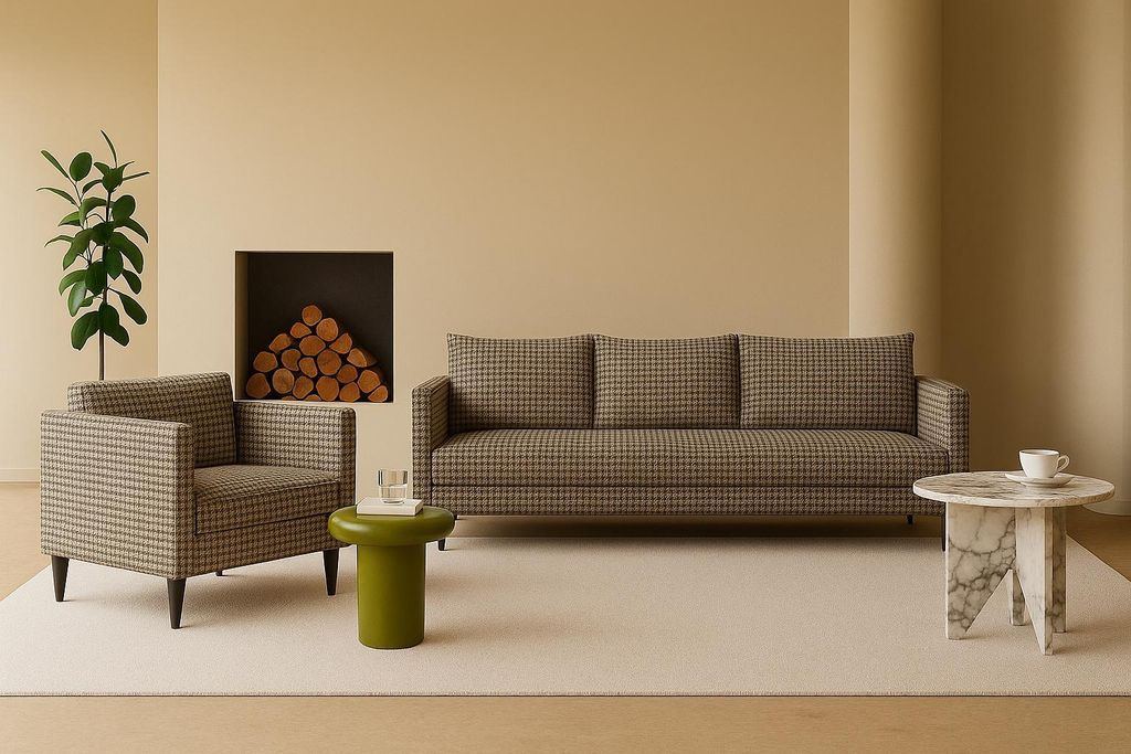 Modernes und minimalistisches Wohnzimmerset Harmony 3+1 mit Schlaffunktion im eleganten Pepita-Stoff – perfekt für stilvolle Wohnzimmer!