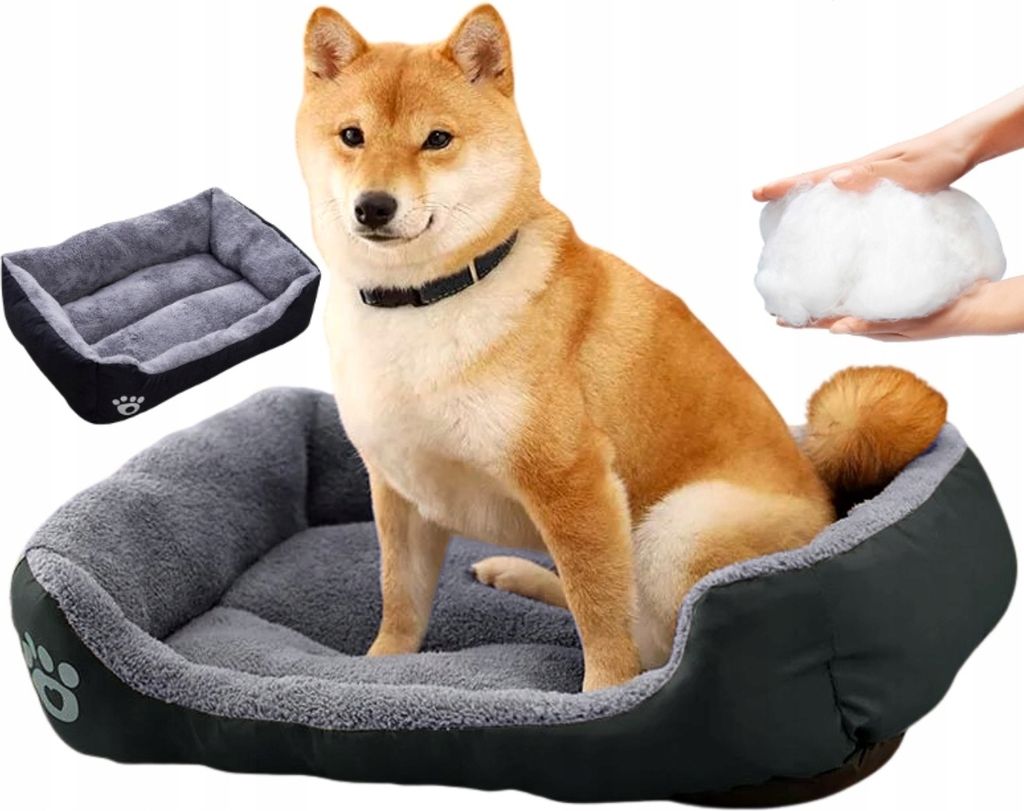 A Shiba Inu dog sits in a dog bed, with another dog bed and stuffing shown in the background.