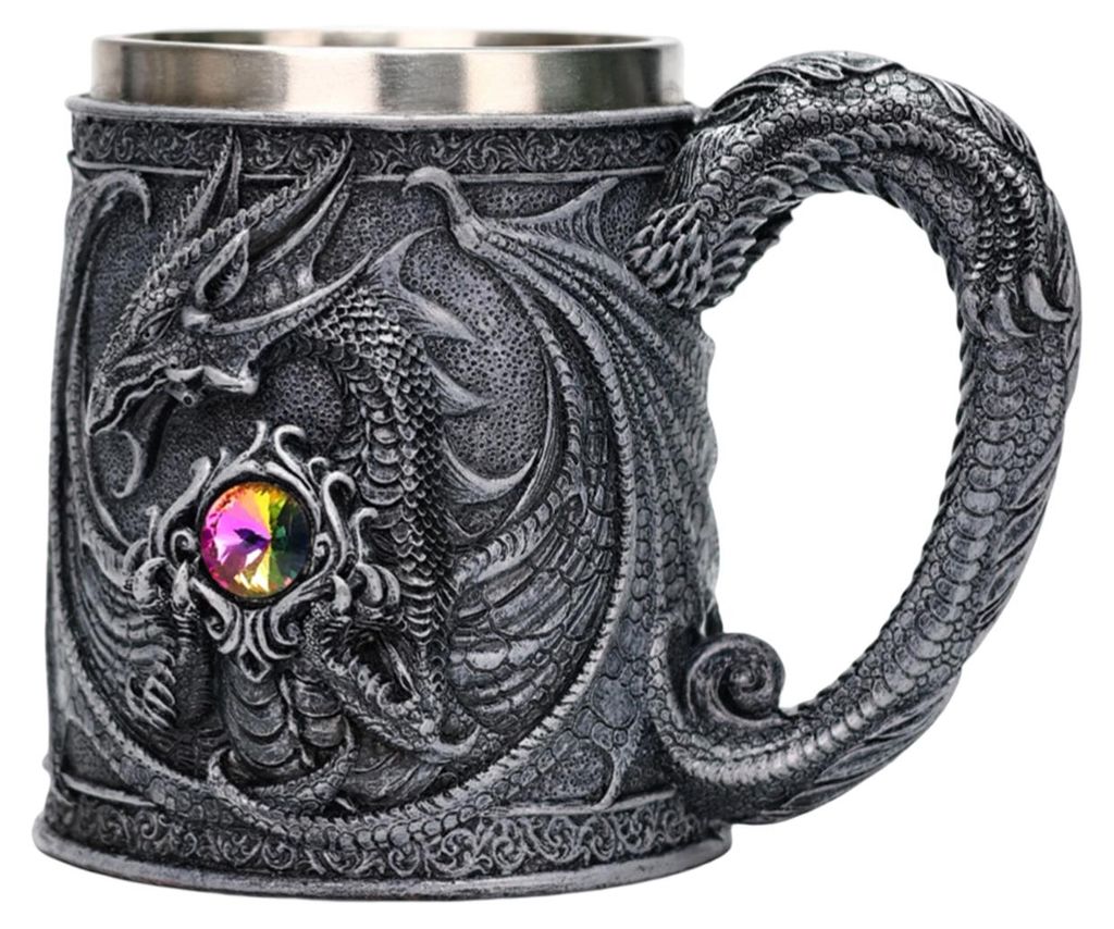 Bierkrug aus Edelstahl, 600 ml, Retro-Kaffeebecher, Teebecher, mittelalterlicher Drachenbecher aus Kunstharz für Fantasy-Fans