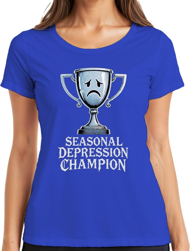 Seasonal Depression Champion Trophy Sad Face Lustig Geschenk Damen T-Shirt, Blau, L
