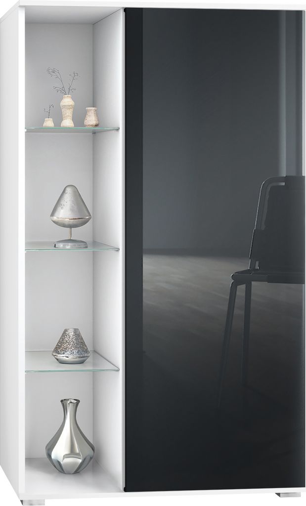 Vladon Vitrine Davos, Germany, Standvitrine mit 3 Glasböden und 8 Fächer, Weiß matt/Schwarz Hochglanz (71,5 x 134 x 35 cm)