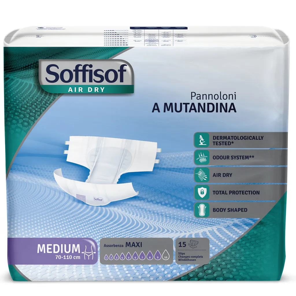 15x Soffisof Air Dry Maxi M – Pannoloni per Anziani e adulti – 1 confezione da 15 Pannoloni con adesivi, 9 gocce