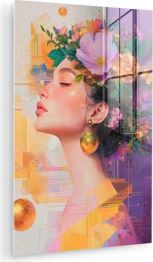 MuchoWow Glasbilder - Bilder auf Wandbild - Foto auf Glas Abstrakt - Frau - Blumenkrone - Gold 40x60 cm Wanddekoration aus Glas - Acrylglasbild - A...
