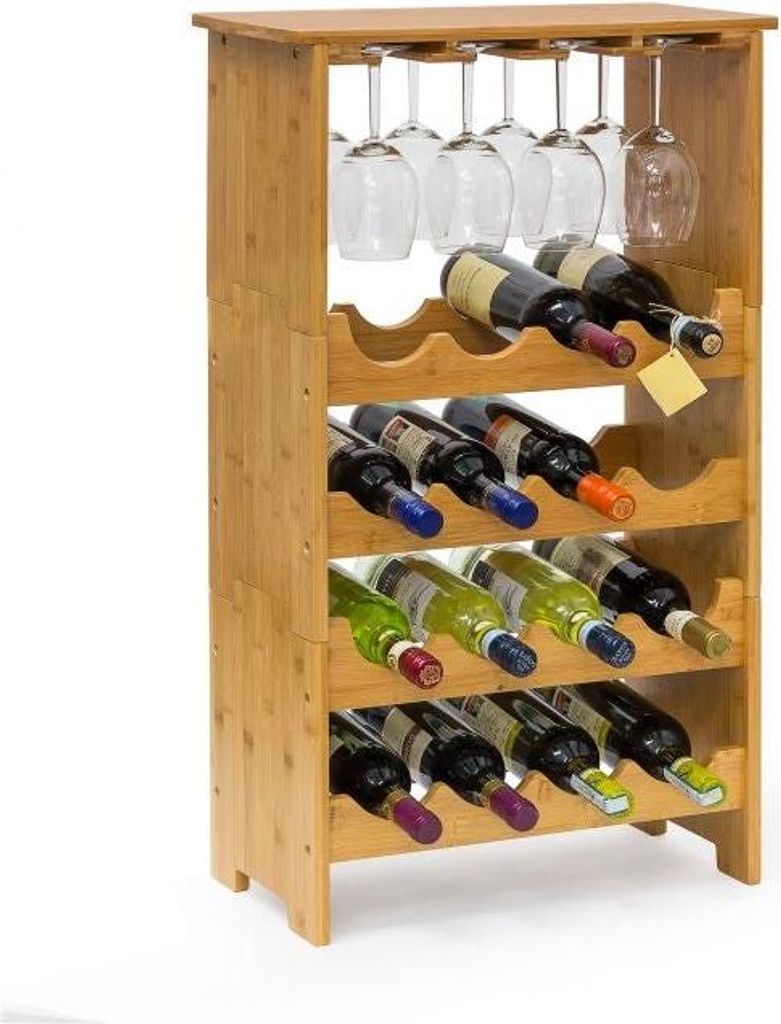Bambus-Weinregal 16 Flaschen + 12 Gläser