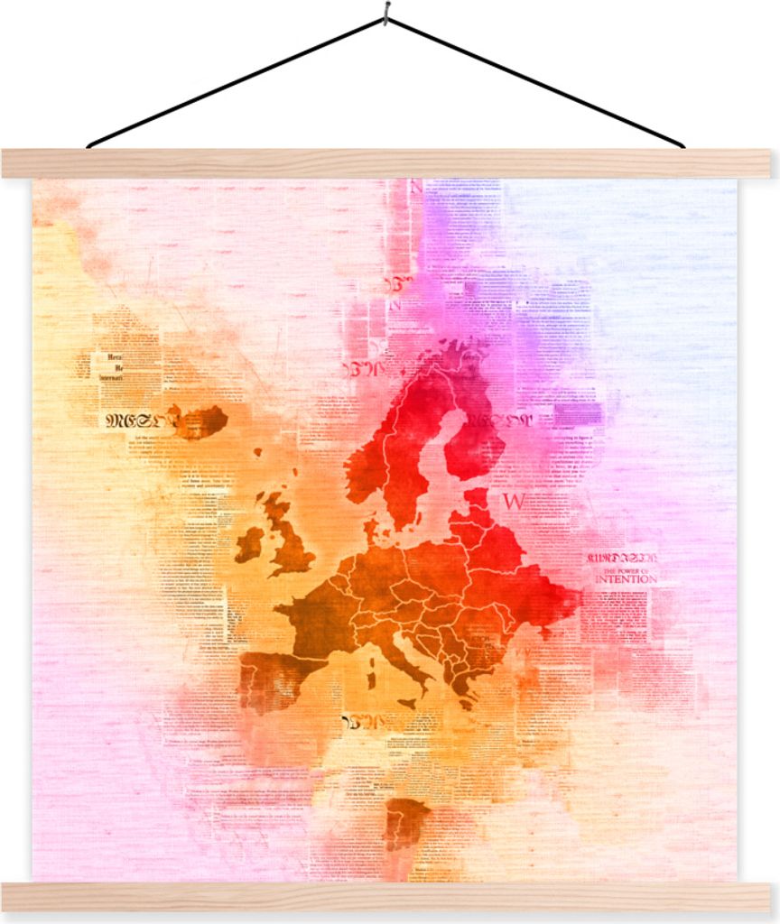 MuchoWow Textilposter Karte - Europa - Farben 120x120 cm mit holzfarbenen Rahmen - Textil-Poster