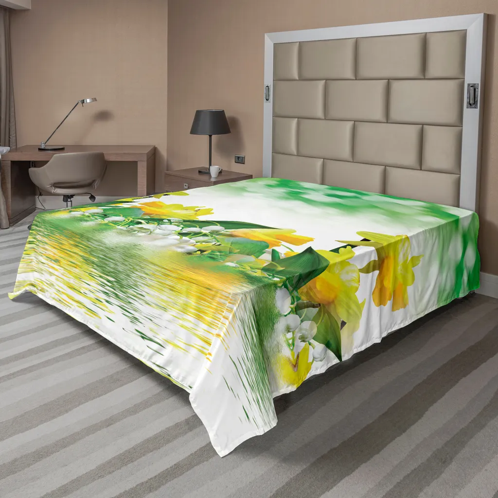Drap de lit à fleurs imprimé Narcisse Art en tissu doux 244x205cm Vert