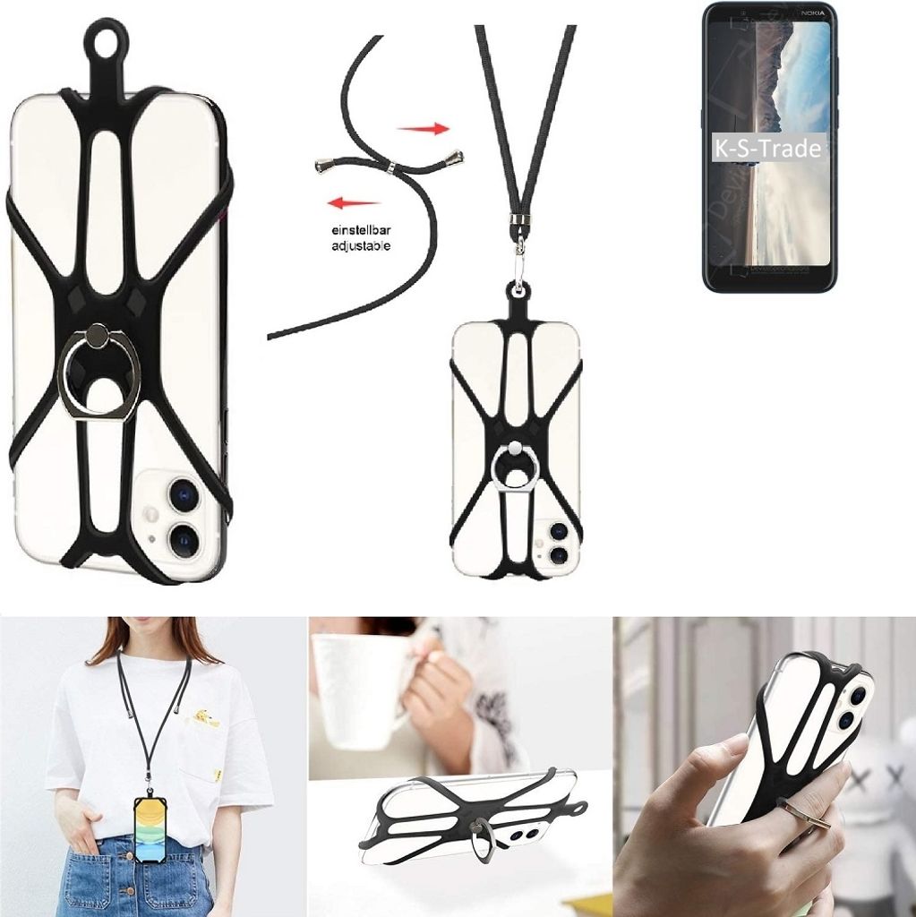 K-S-Trade 3in1 Handykette Handyband Handykordel Halsband Smartphone-Ring Handy-Ring kompatibel mit Nokia C2 Tennen Fingerhalterung Handyring