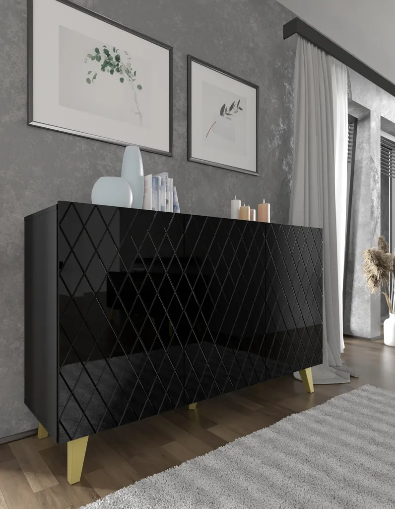 Commode DIUNA 3D 145 cm Noir Mat et Brillant - Buffet Design Moderne