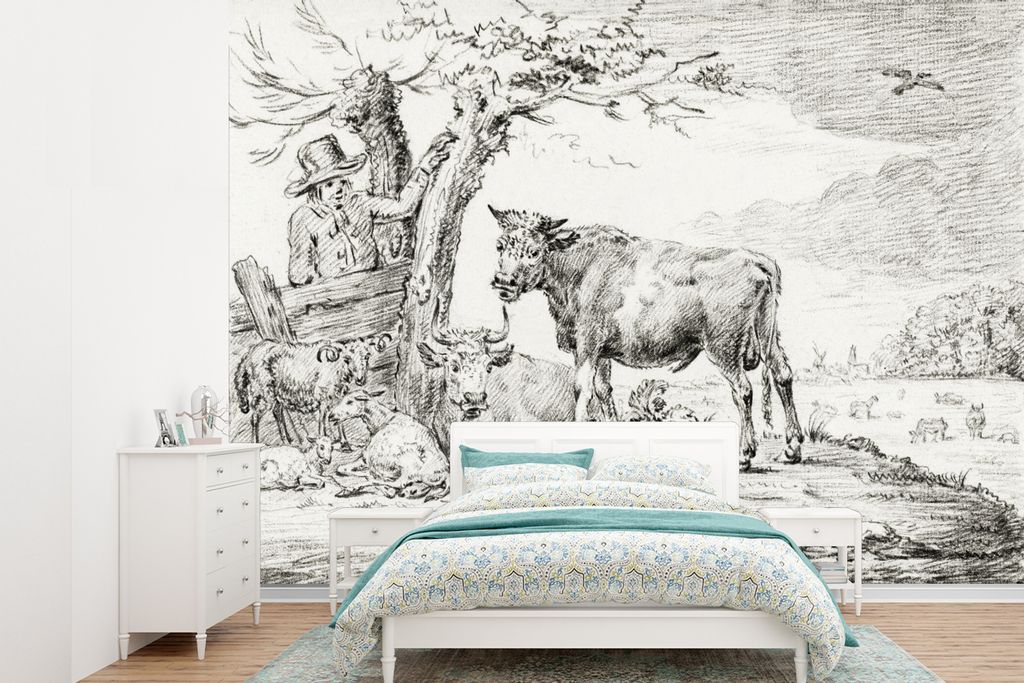 MuchoWow Fototapete für Wohnzimmer oder Schlafzimmer Wandtapete Vinyl Motivtapete Landwirt am Zaun und Kühe - Gemälde von Jean Bernard - 305x2...