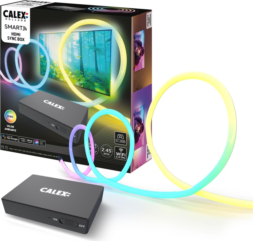 Calex Smart HDMI Sync Box, Inklusiv 2,45 m TV LED Streifen, für 55-65'' TV, Hintergrundbeleuchtung mit Synchronisation für Gaming & Film
