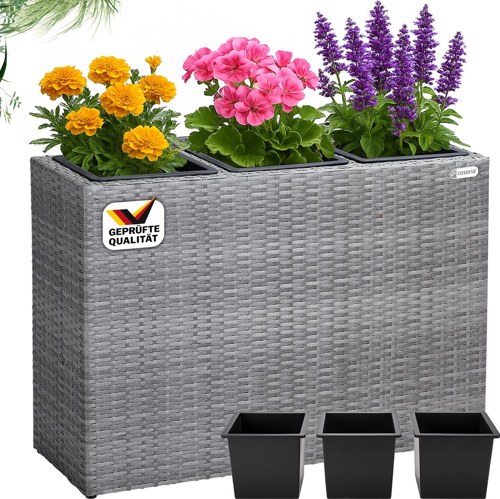 CASARIA Blumenkasten 3 Innentöpfe Polyrattan Herausnehmbar Wasserablauf Outdoor Rechteckig Pflanzkasten Blumentopf Hochbeet Pflanzkübel Grau
