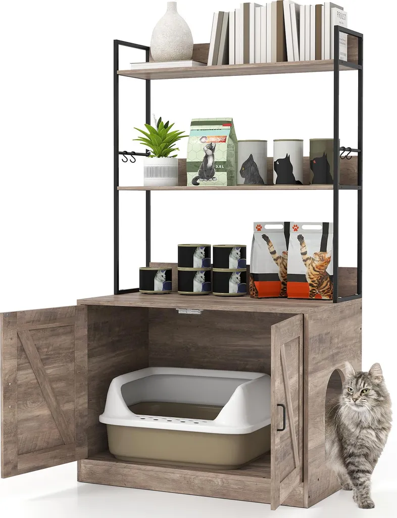 COSTWAY Armoire à litière pour chat avec bibliothèque intégrée - Gris