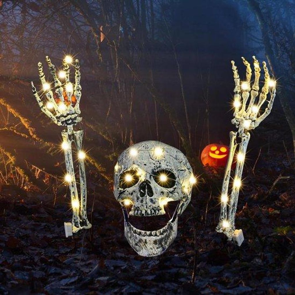 Halloween-Skelet-Gravstein mit 3 m Lichtern für Garten und Friedhof