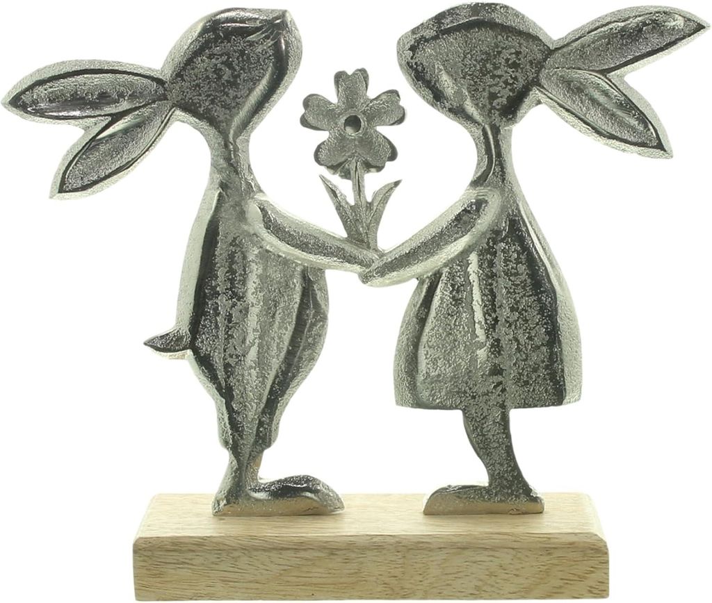 Figur Hasenpaar mit Blumen, Aluminiumguss, Mangoholz, naturbelassen Maße: 24 x 20 cm