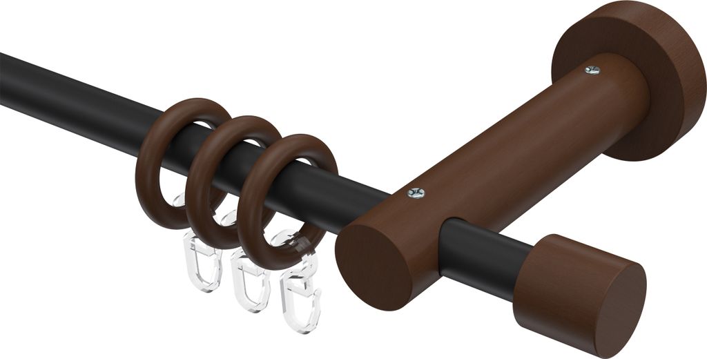 Interdeco Gardinenstange / Vorhangstange Schwarz / Nussbaum lackiert, Typ Adrian Pin (Kappe), 16 mm Ø 1-läufig, 200 cm