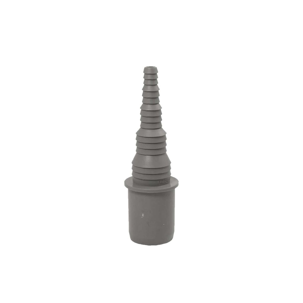 A gray plastic hose adapter with a stepped, conical end and a cylindrical base.