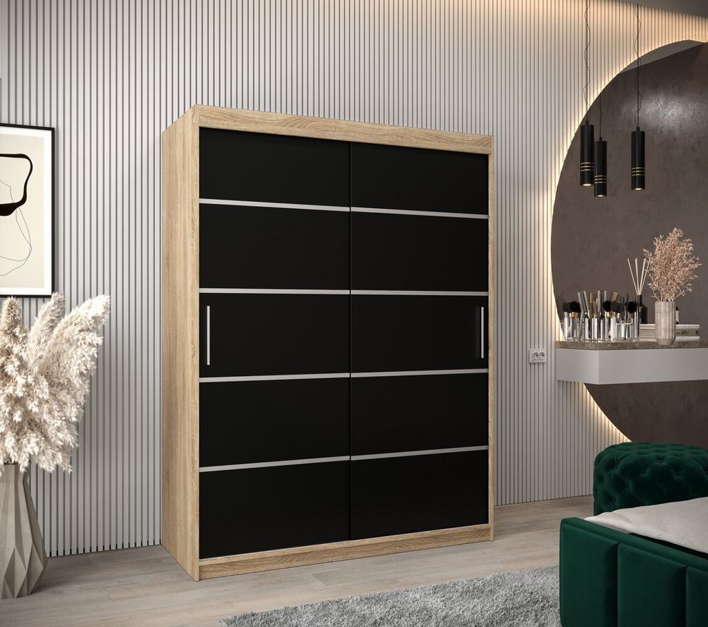 Kleiderschrank ENNI – Breite 150 cm, Eiche sonoma / schwarz
