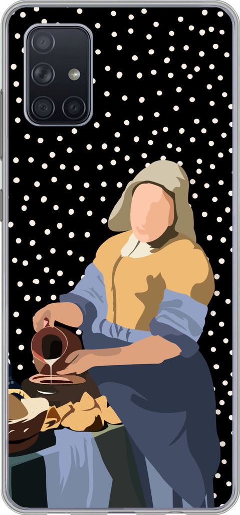 MuchoWow Handyhülle Schutzhülle Hülle für Telefoonhoesje Samsung Galaxy A71 Alte Meister - Milchmädchen - Polka dots - Schwarz Silikon Softc...