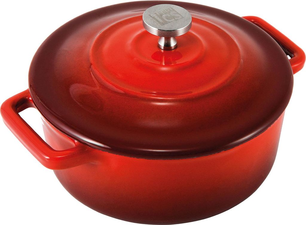 A red enameled cast iron pot with a silver lid handle.