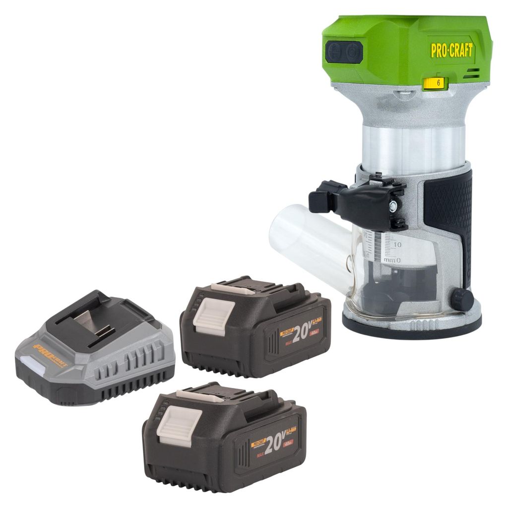 Procraft POB24bb Akku Multifunktionsfräse 20 V 6 / 8 mm Brushless + 2x Akku 4,0 Ah + Ladegerät