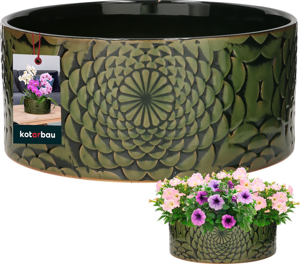 KOTARBAU® Keramik Pflanzschale rund Grün Höhe 13 cm ⌀ 28 cm Produktbild 