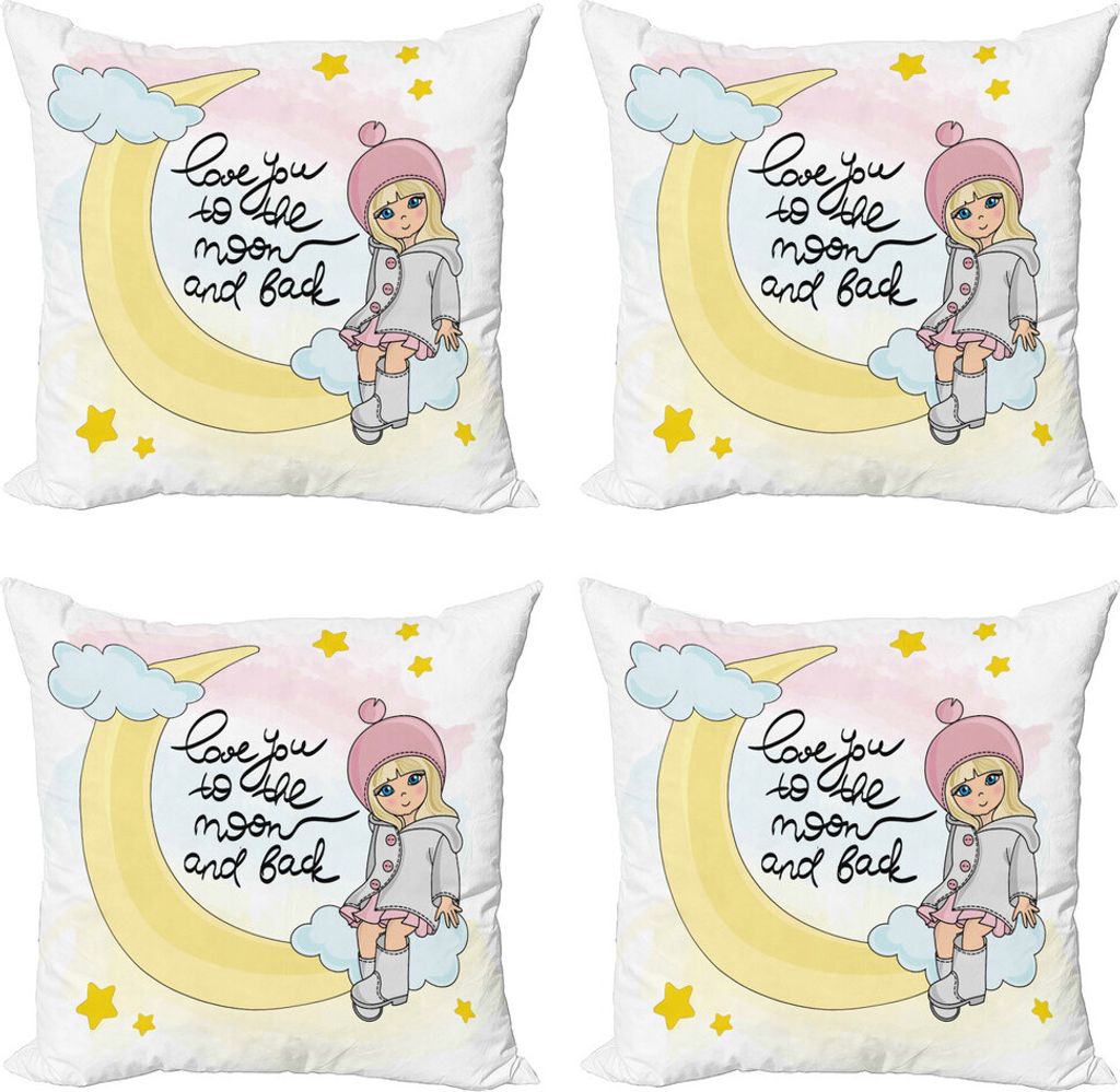 ABAKUHAUS Sprichwort Kissenbezug Set (4 Stück), Romantische Mond Wörter und Mädchen, Moderner Doppelseitiger Digitaldruck, 40 cm x 40 cm, Mehrfa...