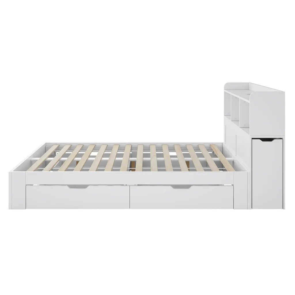 Lit avec rangement 140x200 cm et ports de charge USB blancs - 10