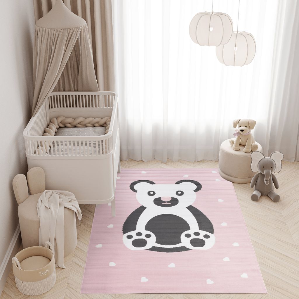 Teppich Kinderzimmer Wohnzimmer Schlafzimmer Kurzflor Modern Design Rosa Weiß Grau Herzen Kinderteppich Spielteppich 120 x 170 cm
