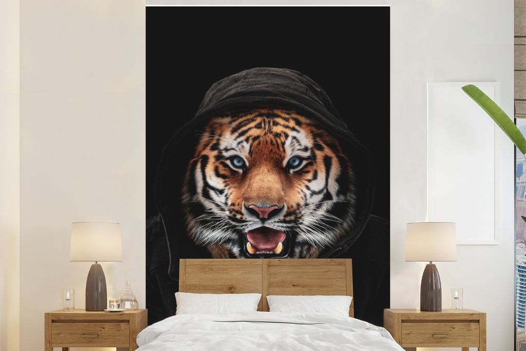 MuchoWow Fototapete für Wohnzimmer oder Schlafzimmer Wandtapete Vinyl Motivtapete Tiger - Schwarz - Blau - 200x300 cm - Wanddekorationen