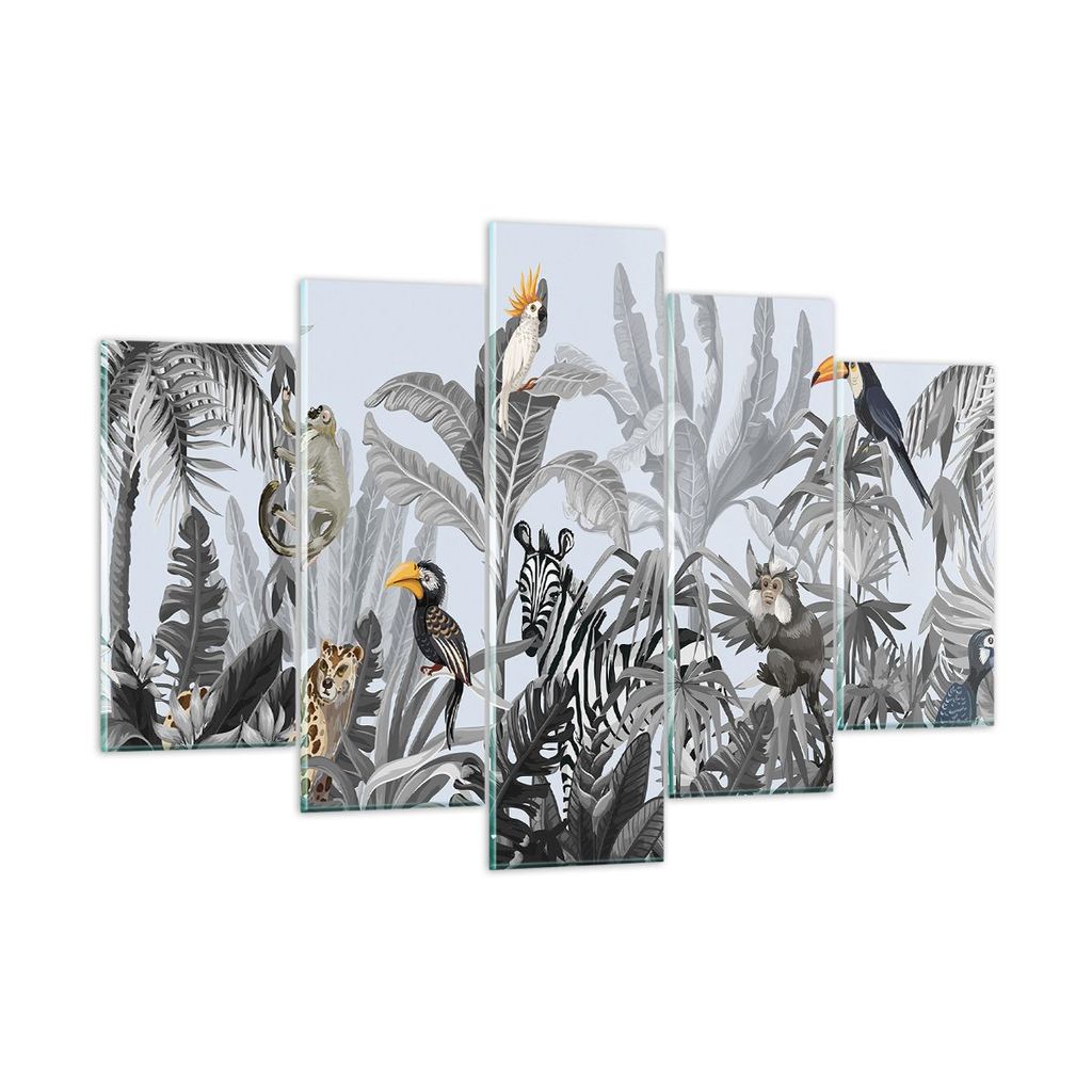 Bilder auf glas - 5 Teile - Dschungel Tiere Tukane - 150x100cm - Glasbilder - Wandbilder - Bilder - zum Aufhängen bereit - Wanddekoration aus Glas...