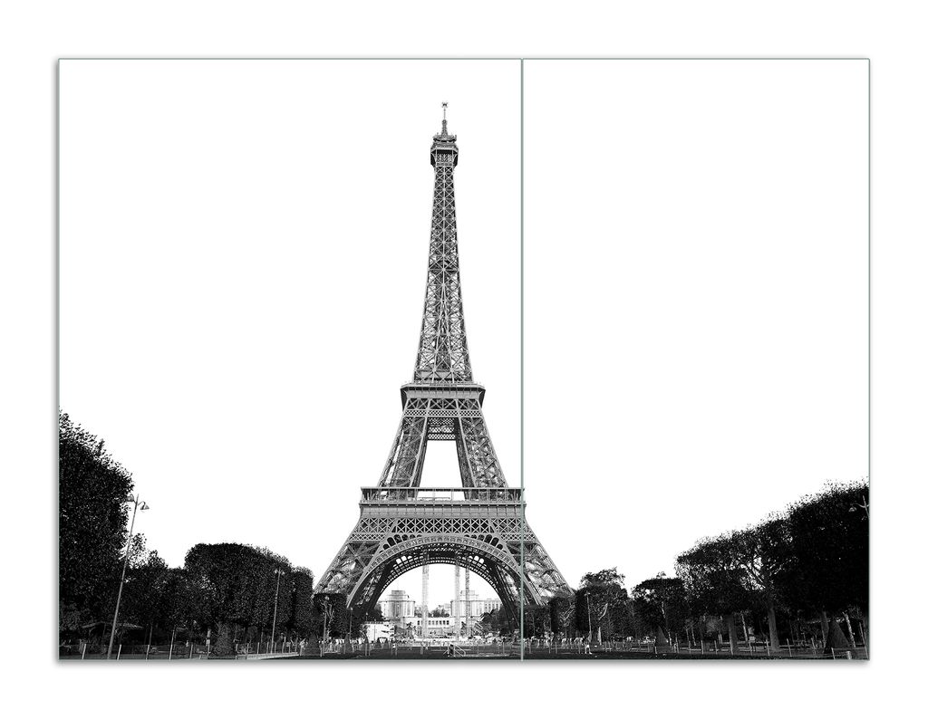 Wallario Herdabdeckplatte aus Glas, Größe 70 x 52 cm 2-teilig, Motiv Eiffelturm in Paris - schwarz weiß