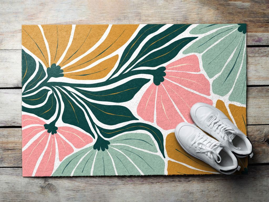 Fußmatte Aussen - Schuhmatte Haustür- Schmutzfangmatte Türvorleger - Outdoor Teppich Schmutzfänger - 90x60 cm - Geometrische Blüten