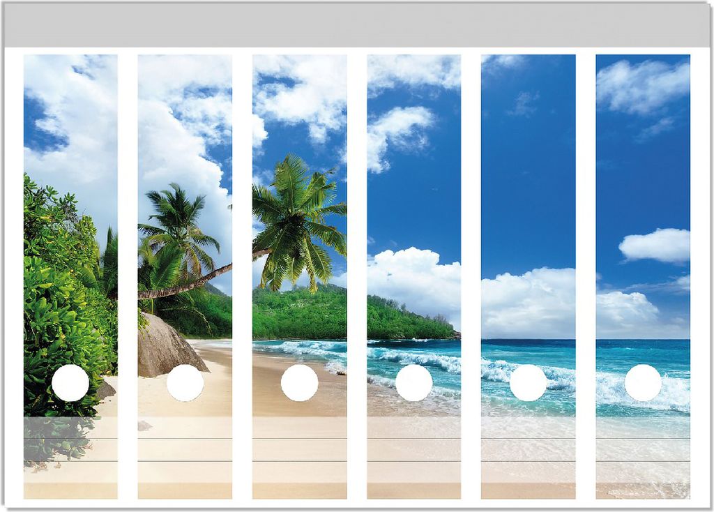 Wallario Ordnerrücken Sticker, selbstklebend für breite Ordner, 6 Stück, Motiv Urlaub auf den Seychellen unter Palmen am Sandstrand