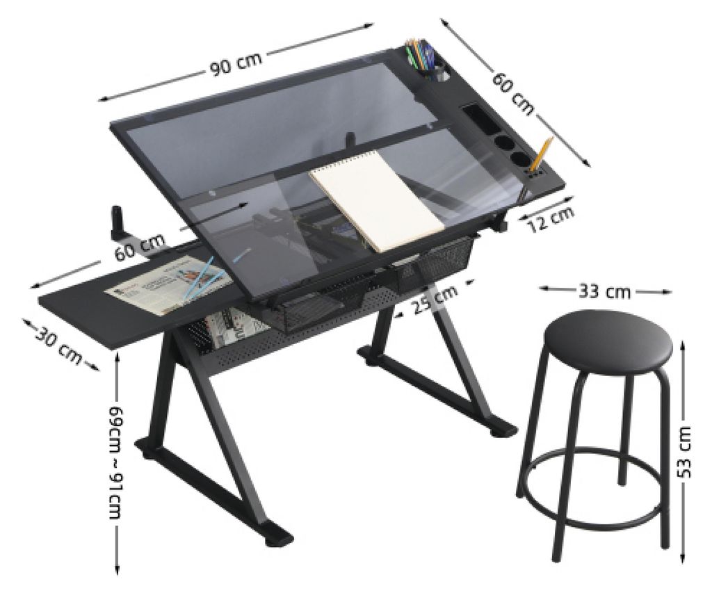 Zimilo Zeichentisch Schwarz mit Hocker, Glas Tischplatte 0–75° neigbar, 2 Metallschubladen, für Atelier, Büro und Hobby