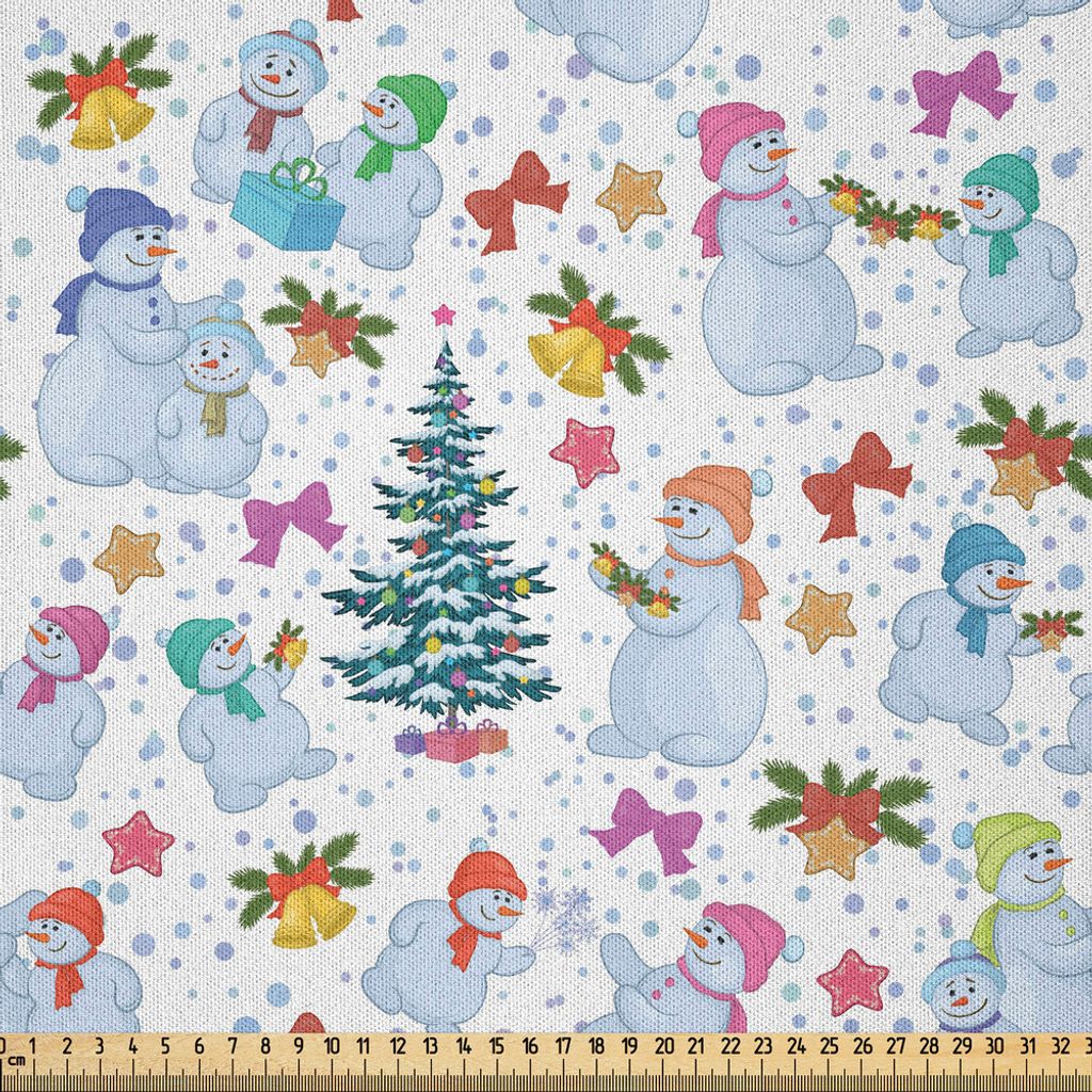ABAKUHAUS Weihnachten Microfaser Stoff als Meterware , Holiday Xmas Eve Carol Thema Schneemann Pinien und Schneeflocken Ribbons Image, 5 M (230 x 5...