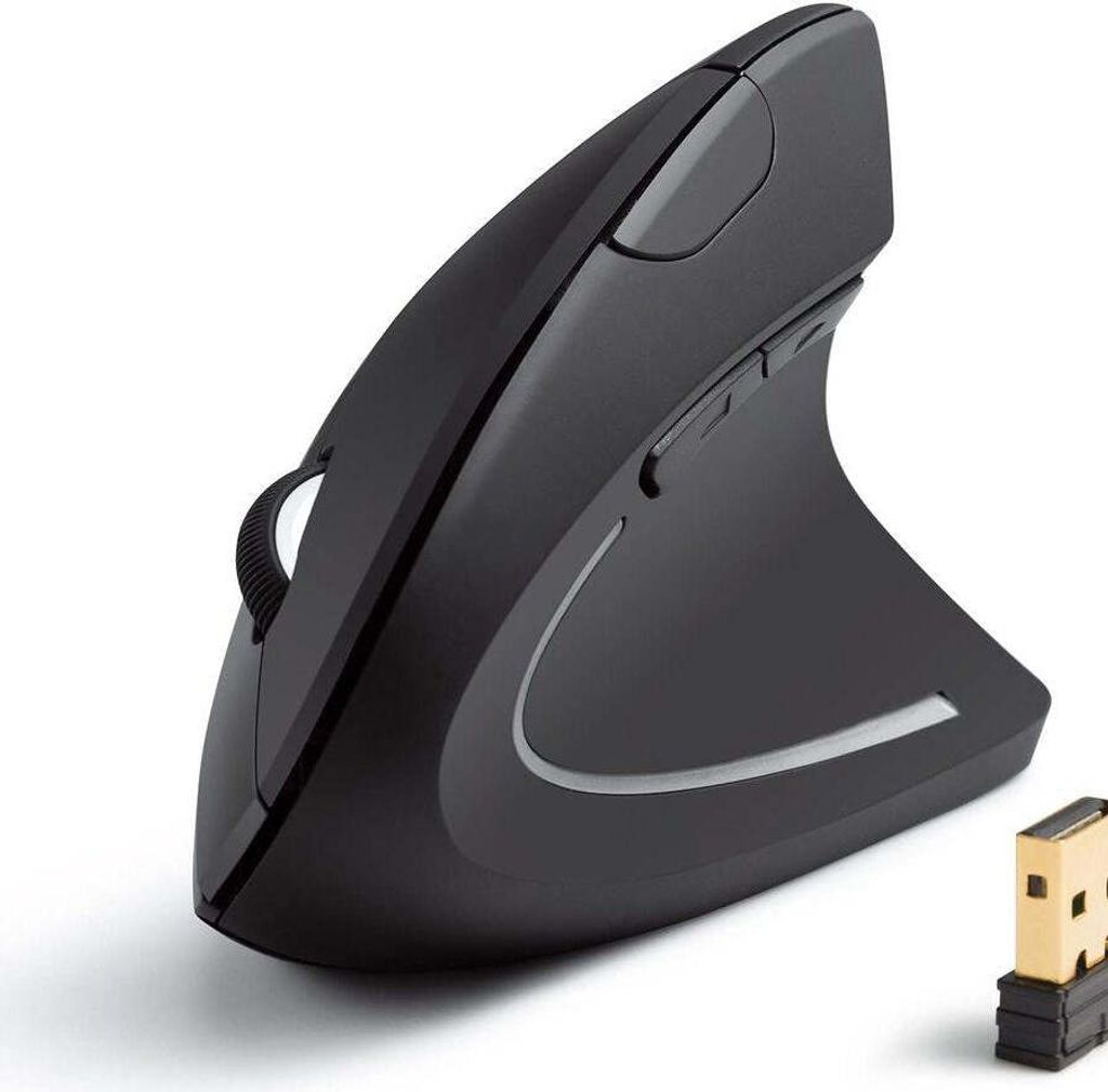 A black vertical ergonomic mouse and its USB receiver are shown on a white background.