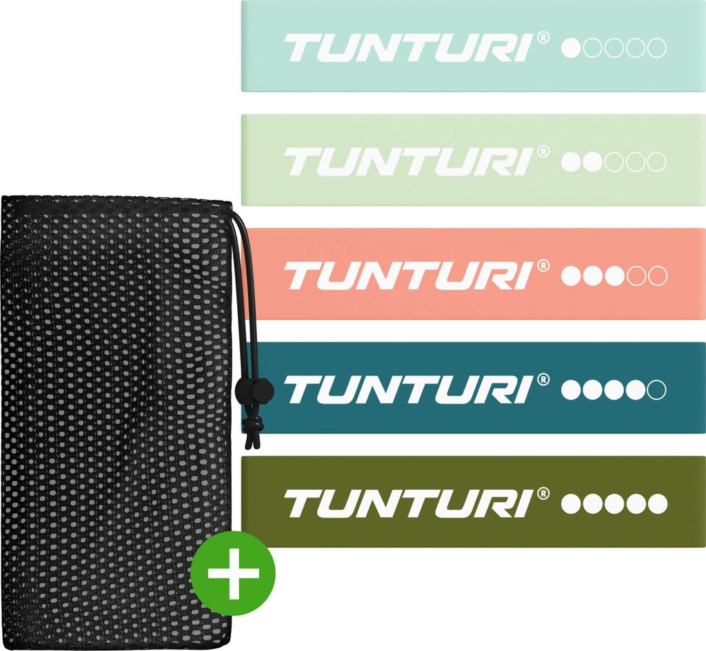 Tunturi 5 Widerstandsbänder Set – Mini Power Band – Trainingsgummi – Fitnessband – Übungsband – Gymnastikband – Inklusive e Fitness App