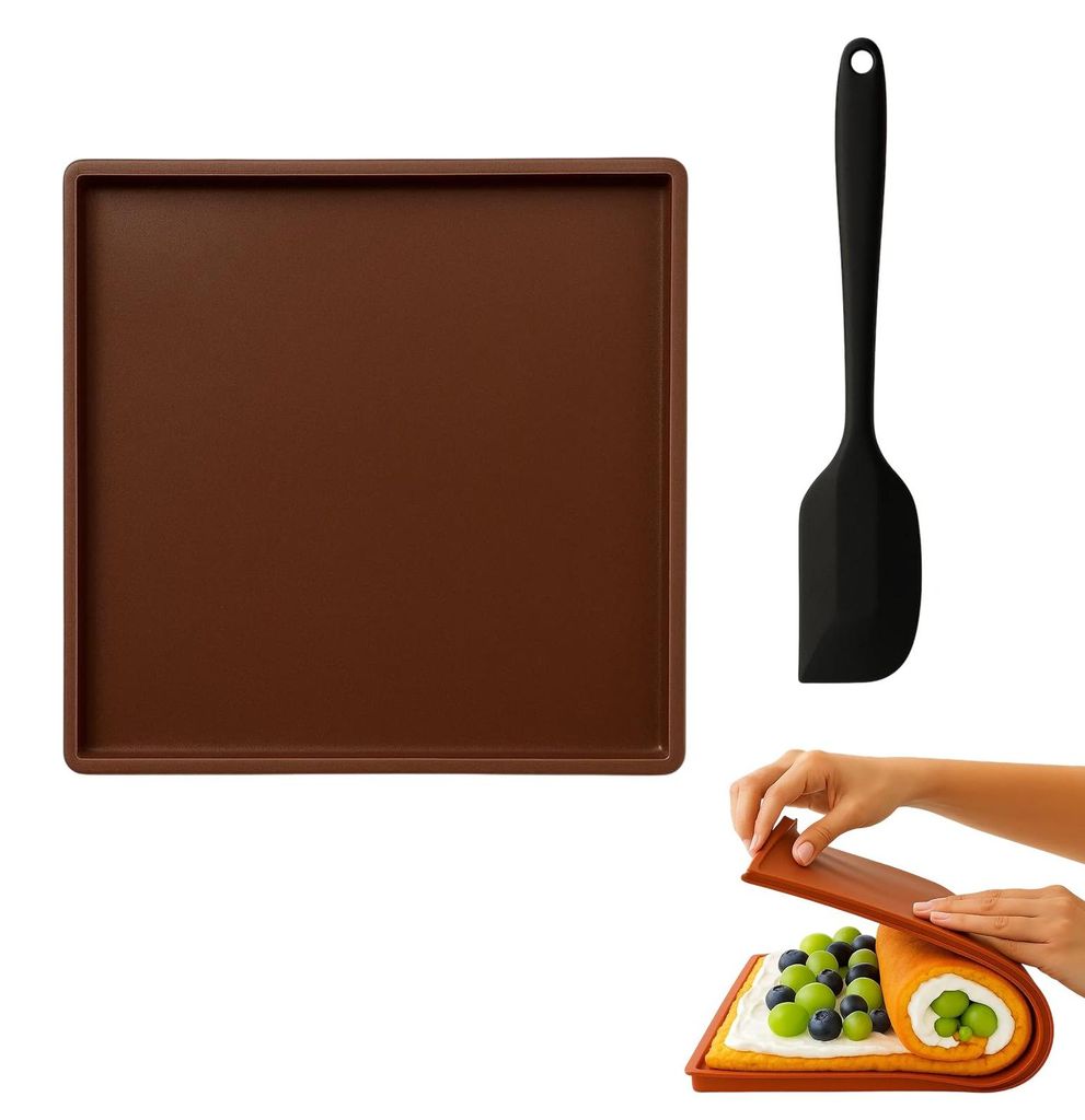 2-teiliges Set aus Silikon-Backmatten mit Teigschaber, wiederverwendbare Backmatte für Kuchen und Sushi, 40 x 30 cm, braun, hitzebeständig und vi...
