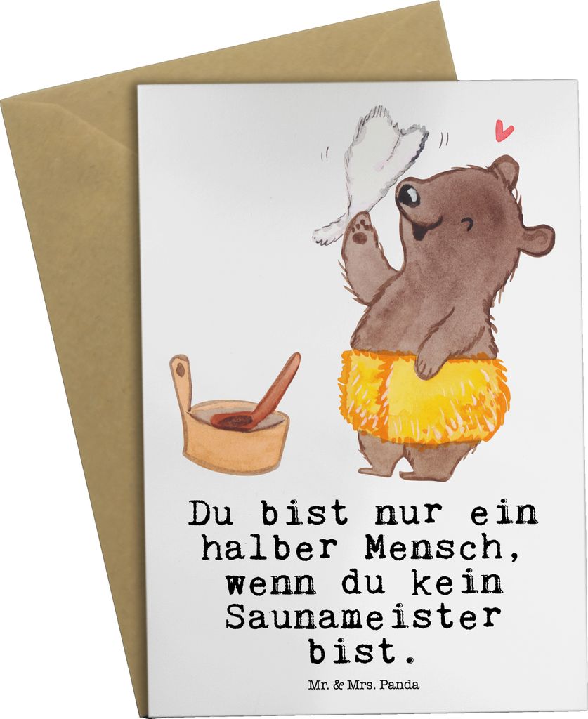 Mr. & Mrs. Panda Glückwunschkarte Saunameister Herz - Weiß - Geschenk, osterkarten, osterkarte, Grußkarten, weihnachtskarten, einladungskarten