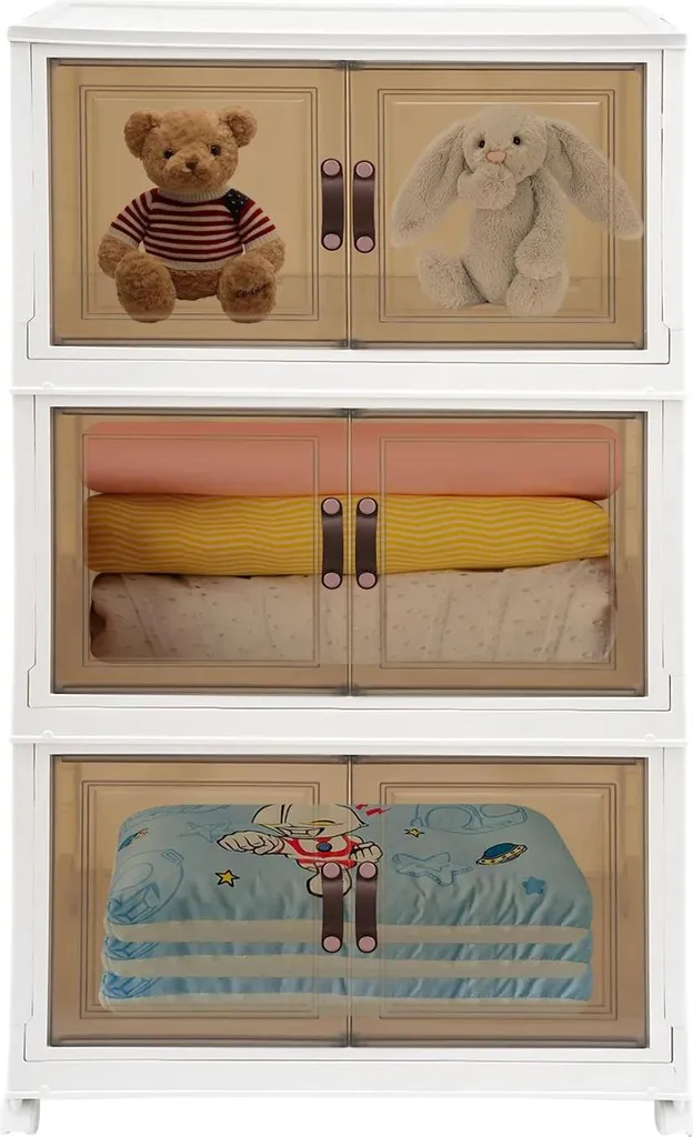 Armoire plastique pliable 3 niveaux avec 4 roulettes et portes blanches