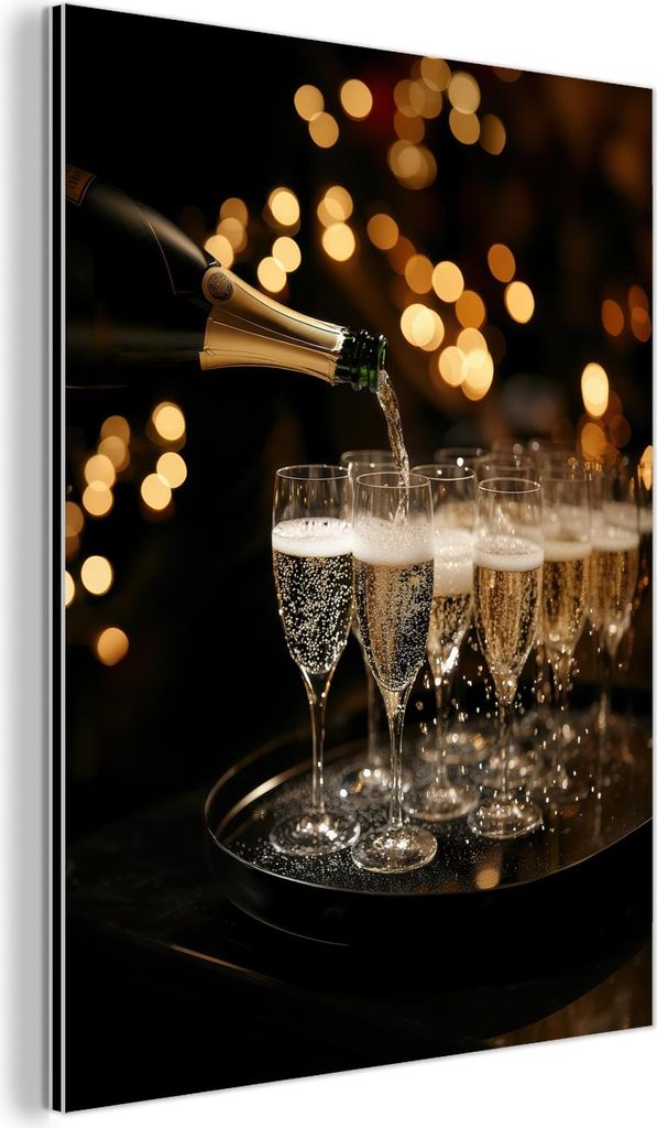MuchoWow Wanddekoration Metall Metallbild Wandkunst 90x120 cm Lichter - Champagner - Tablett - Gläser MuchoWow Aluminium Gemälde - Industrial