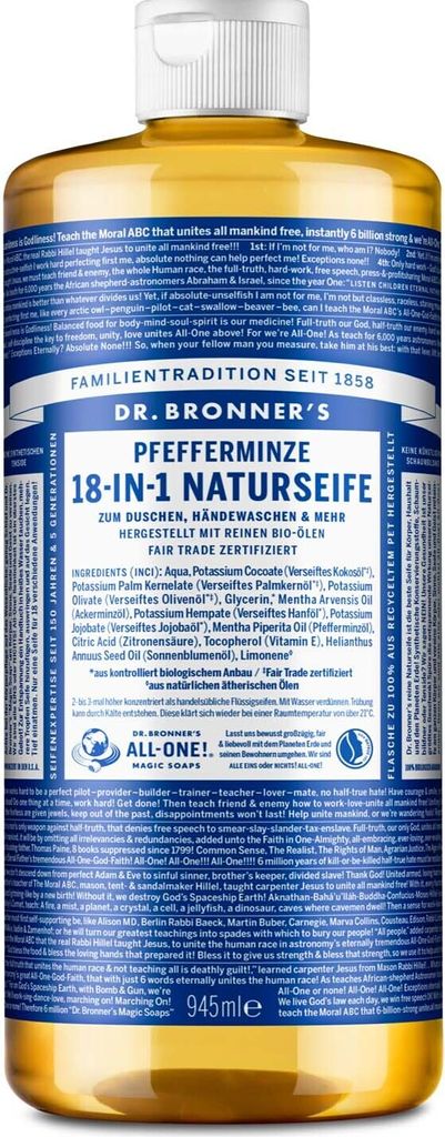 Dr.Bronner's 18-IN-1, Tekuté mýdlo, Čisticí, Aqua, Obrázek produktu 