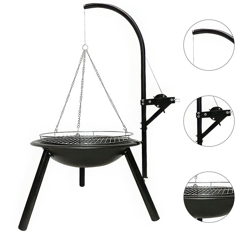 Schwenkgrill mit Dreibein-Ständer, Hängegrill für den Garten, Grillständer mit Rost & Kette, 55×55×125 cm, Schwarz