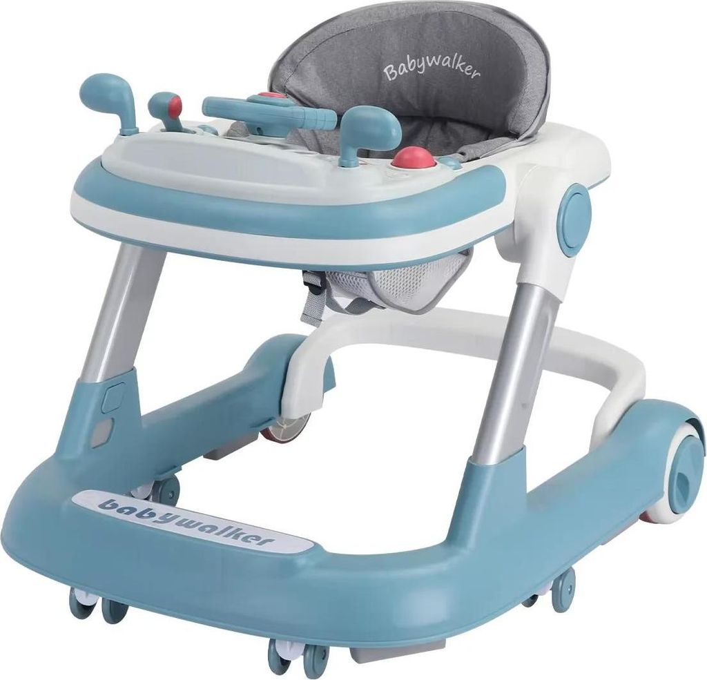 Baby Lauflernhilfe 2-in-1 - Schiebewagen - Abnehmbares Esstablett - Musiktablett ohne Batterie - Edelstahlrahmen - Leinensitz - Bis 20 kg - Blau