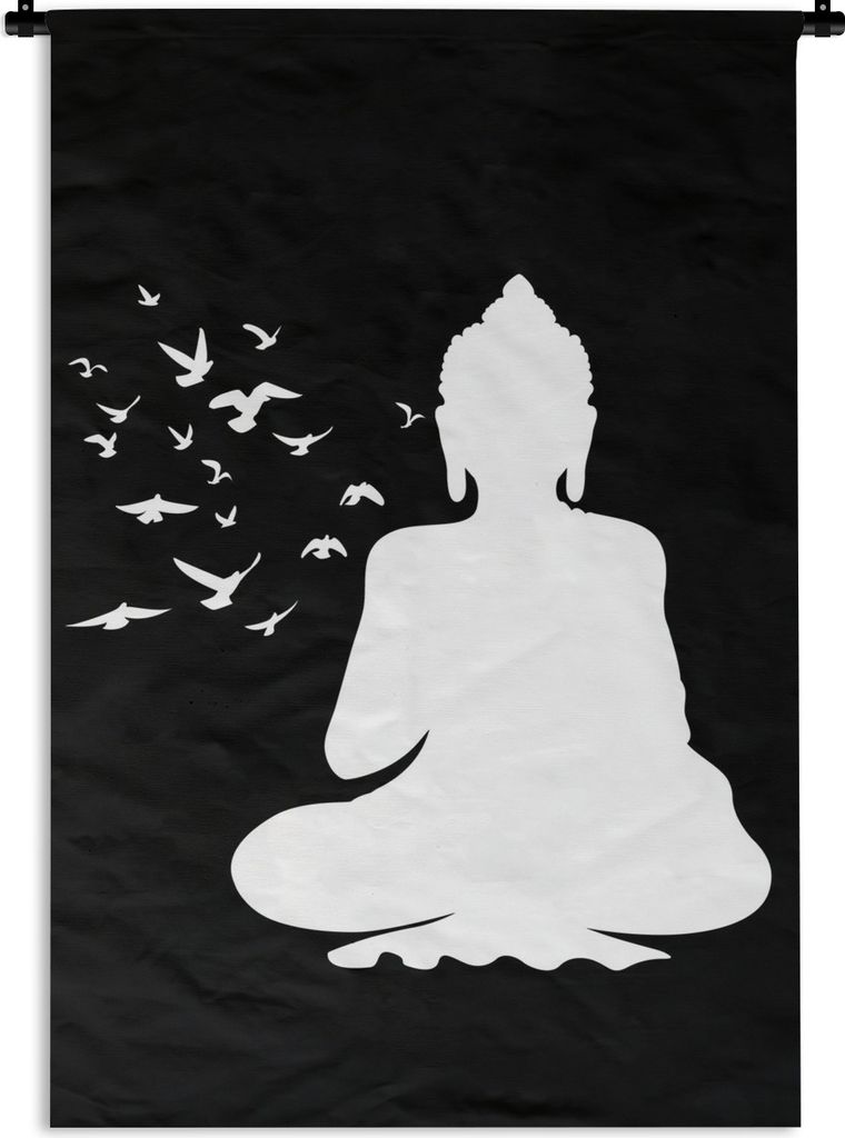 MuchoWow Wandteppich Wandbehang Buddha - Vögel - Meditation 90x135 cm Tapisserie Dekoration Wandtuch - Baumwolle - Wandskulptur