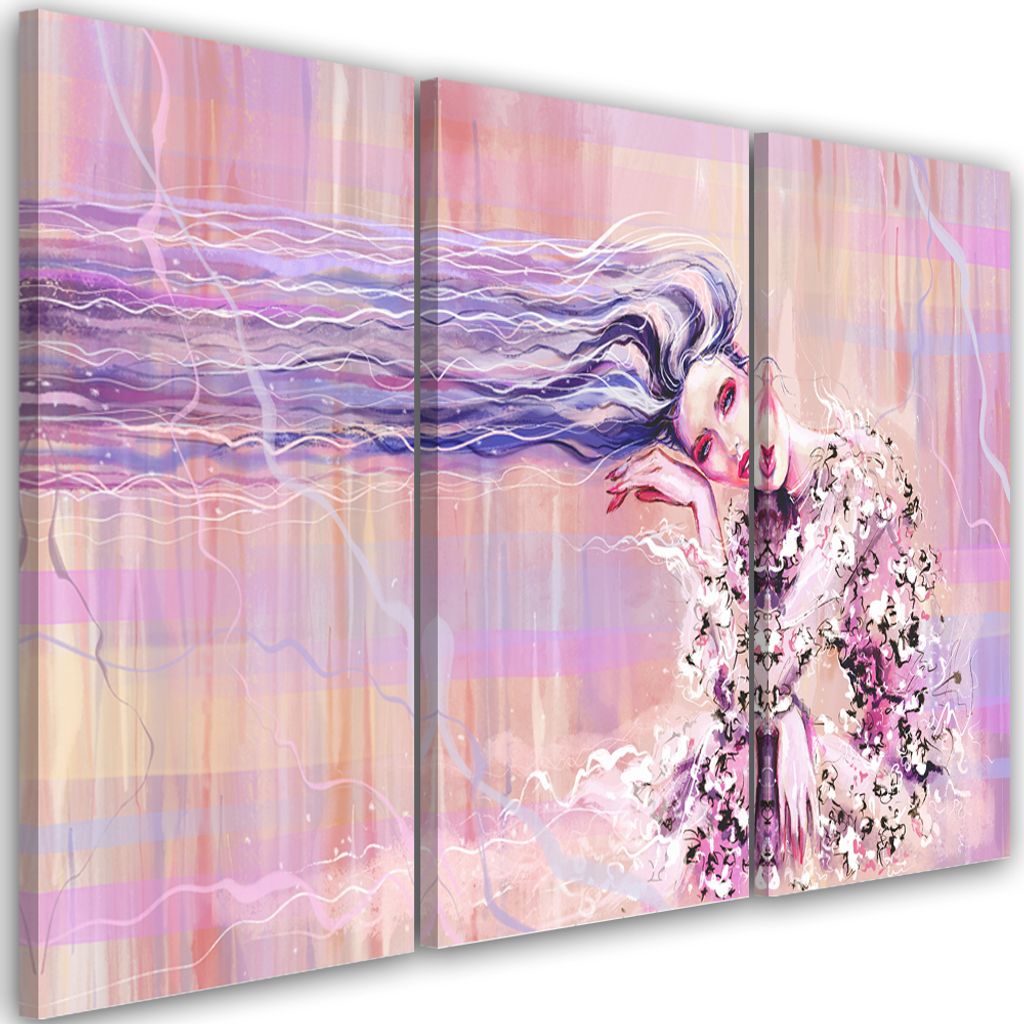 Triptychon auf leinwand frau mit langen haaren 120x80 cm Feeby rosa wandbild bereit zum aufhängen