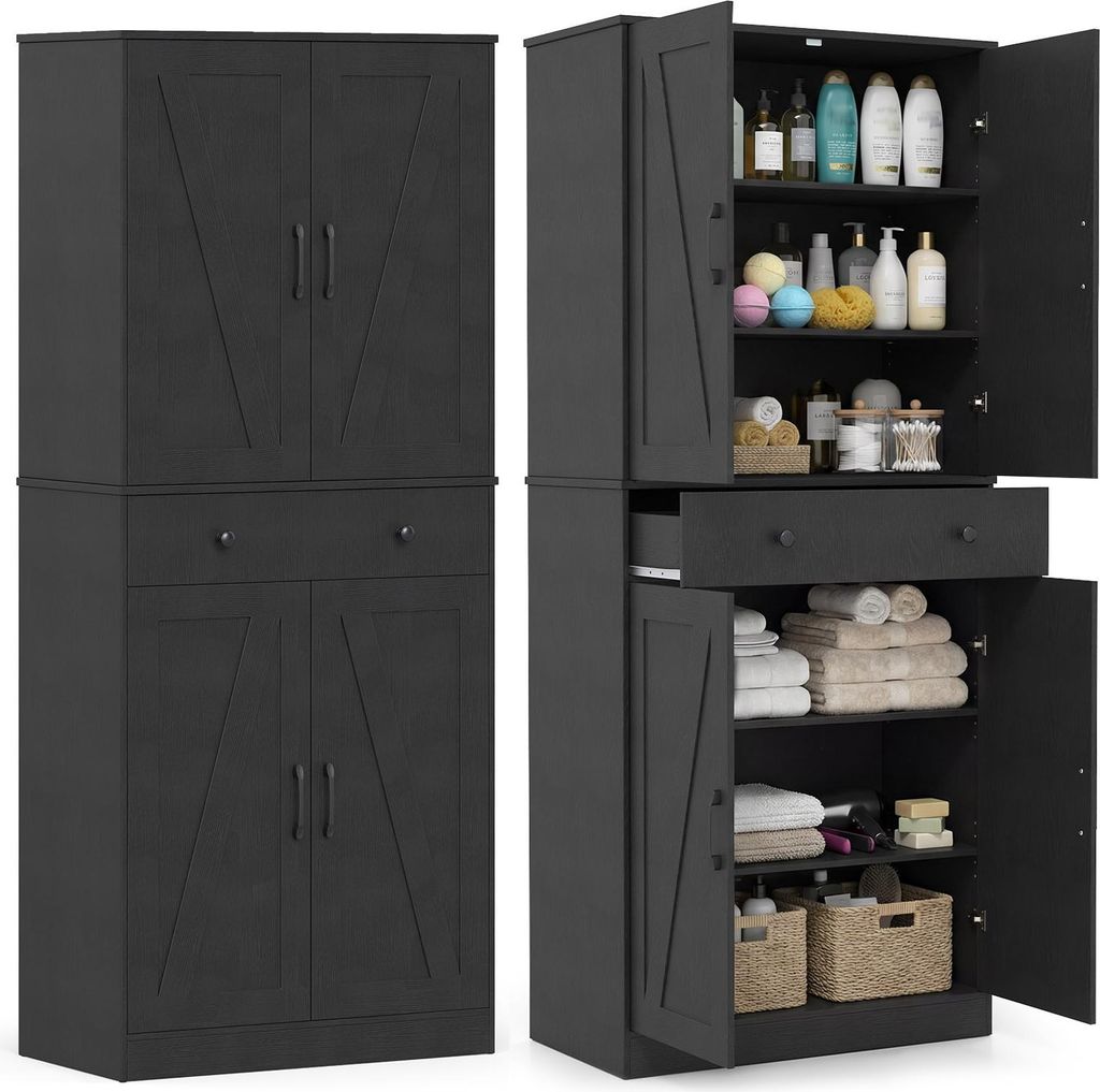 COSTWAY Küchenschrank hoch, 183 cm, Vorratsschrank mit 4 Türen, Schublade & 3 Regalen, Mehrzweckschrank modern, Hochschrank Buffetschrank, Schwarz