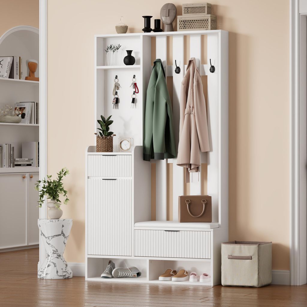Merax 6-in-1 Garderoben-Set mit Schuhbank und Sitzkissen, Kompakt-Garderobe in Weiß, 100x30x180 cm, Flurschrank mit Haken, Schubladen und Kippschutz
