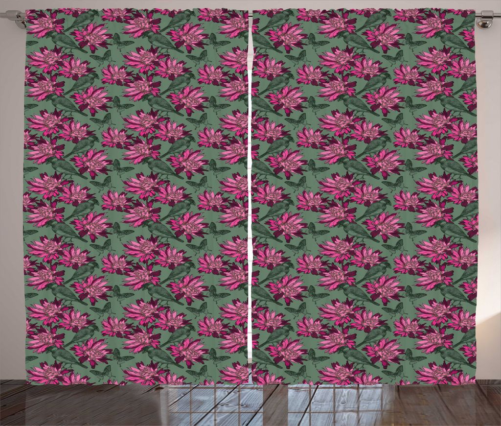 ABAKUHAUS Blumen Rustikaler Vorhang, Vögel Sketch-Blumen-Kunst, Wohnzimmer Universalband Gardinen mit Schlaufen und Haken, 280 x 225 cm, Rosa Laur...