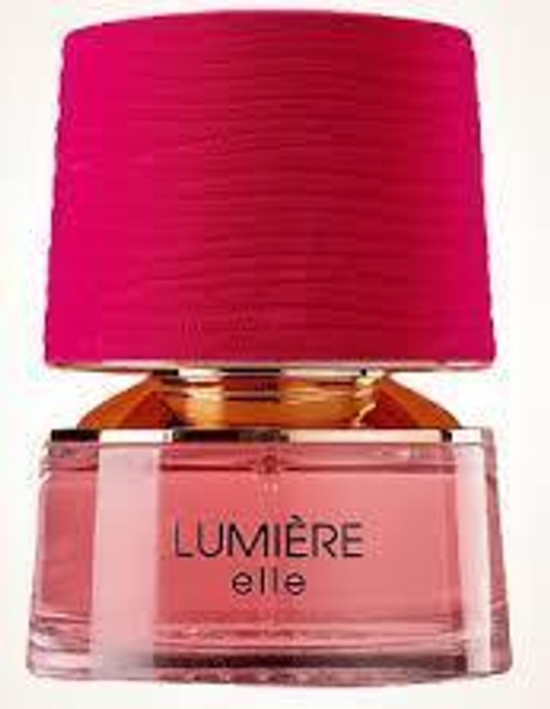 A perfume bottle with a pink cap and a pink liquid inside.